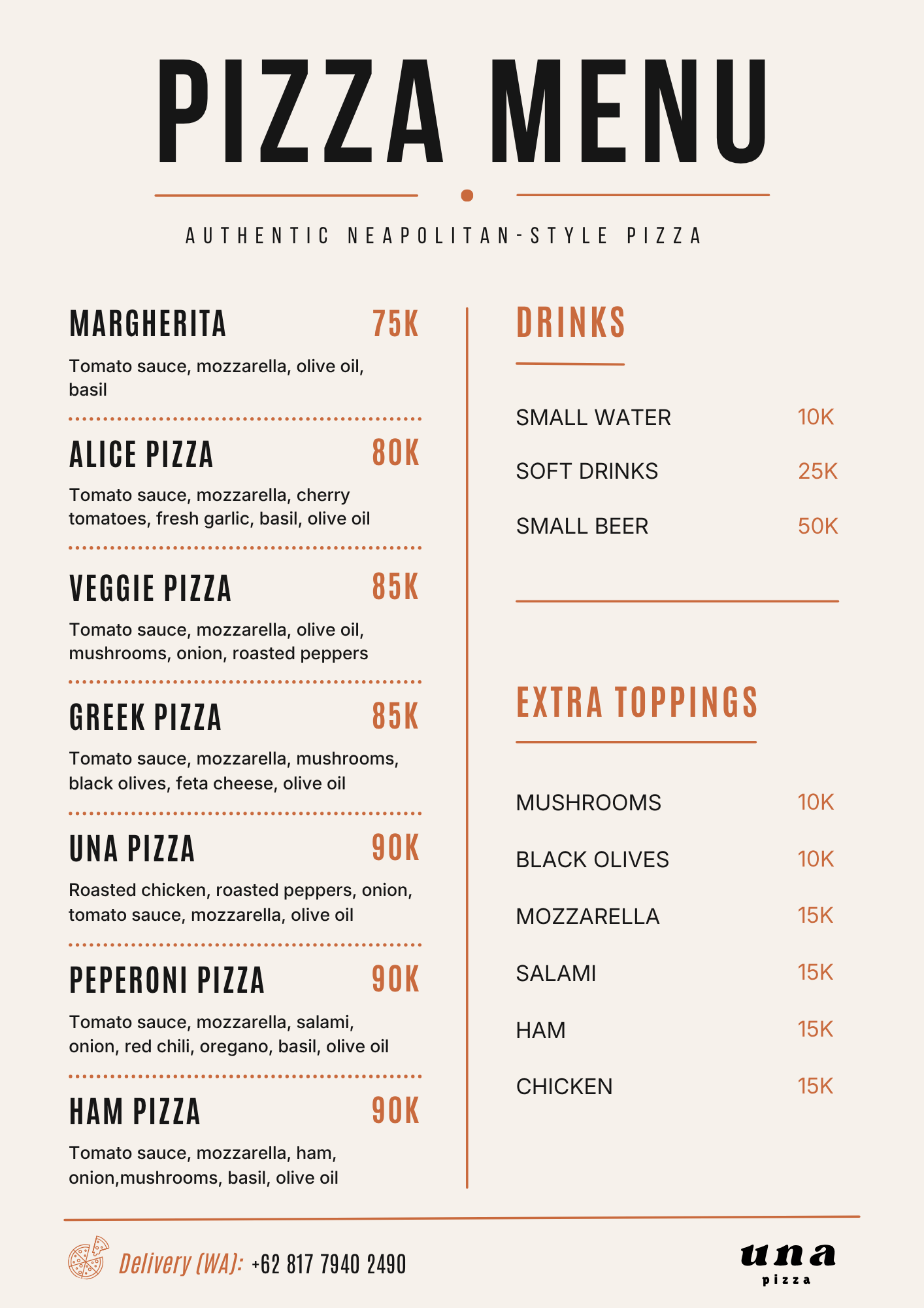 UNA Pizza menu