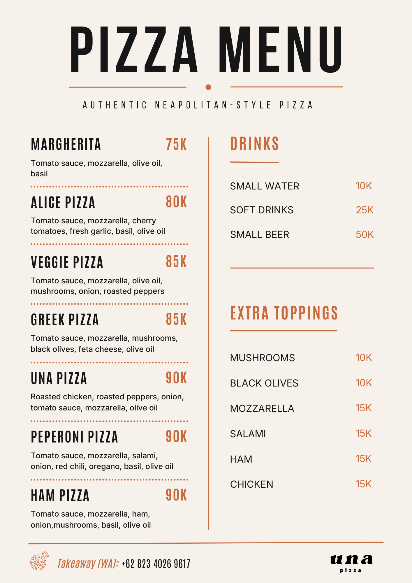 UNA Pizza menu